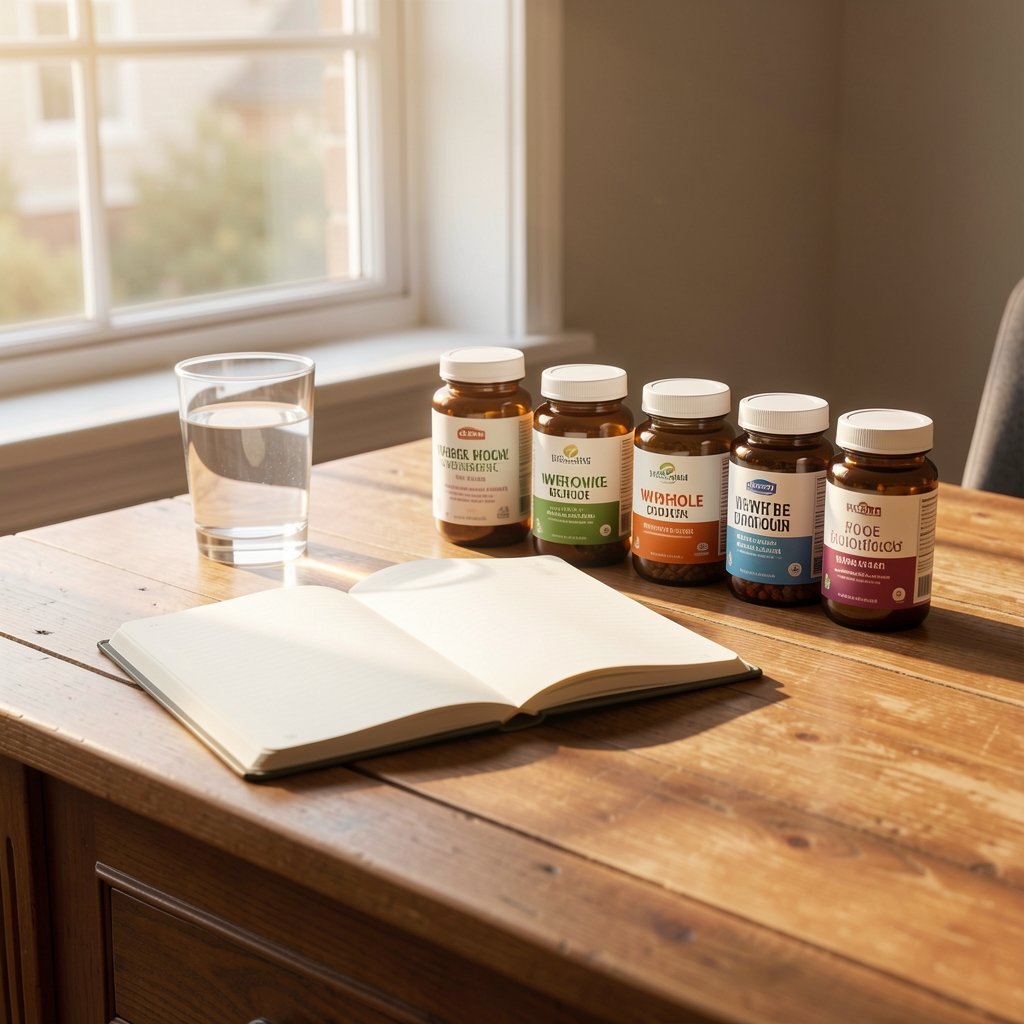 Wooden desk with an open notebook, glass of water, and neatly arranged whole-food supplement jars under warm natural morning light through a window