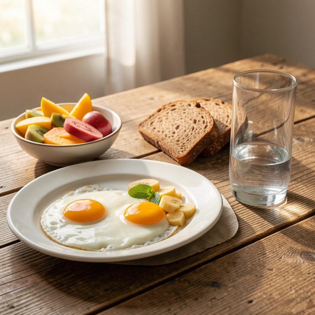 Wholesome breakfast spread on a wooden table with eggs, sliced fruit, whole grain bread, and a glass of water in morning natural light